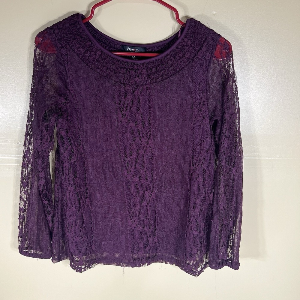 Style & Co Petite PS Purple Lace Blouse Sheer Long Sleeve Floral Top